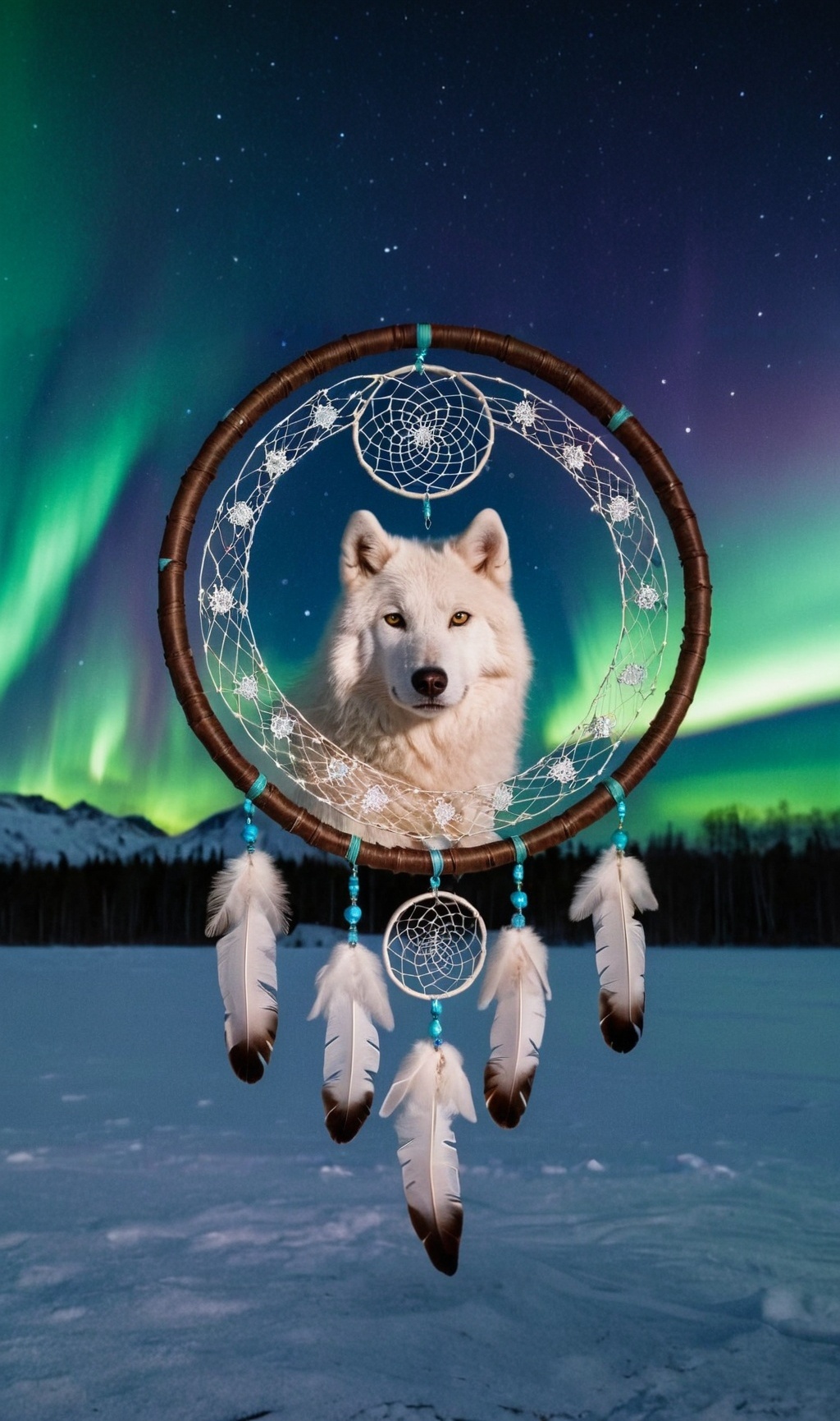 white wolf, dream catcher, aurora bg final